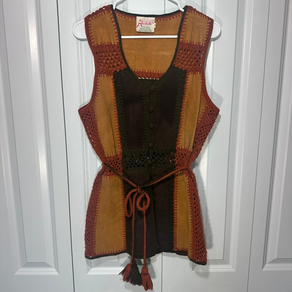 Vintage Rochelle Vest Womens M Brown Leather Crochet Patchwork Boho 70s Western